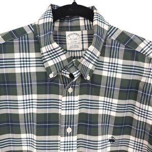Brooks Brothers Regent Shirt Mens Large Green Blue Plaid Supima Cotton Non-Iron